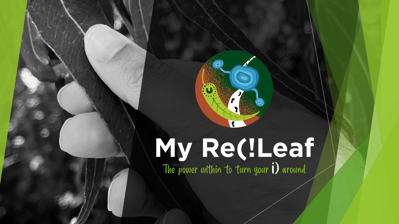 My Re(!Leaf — hand holding a eucalyptus leaf with the program logo